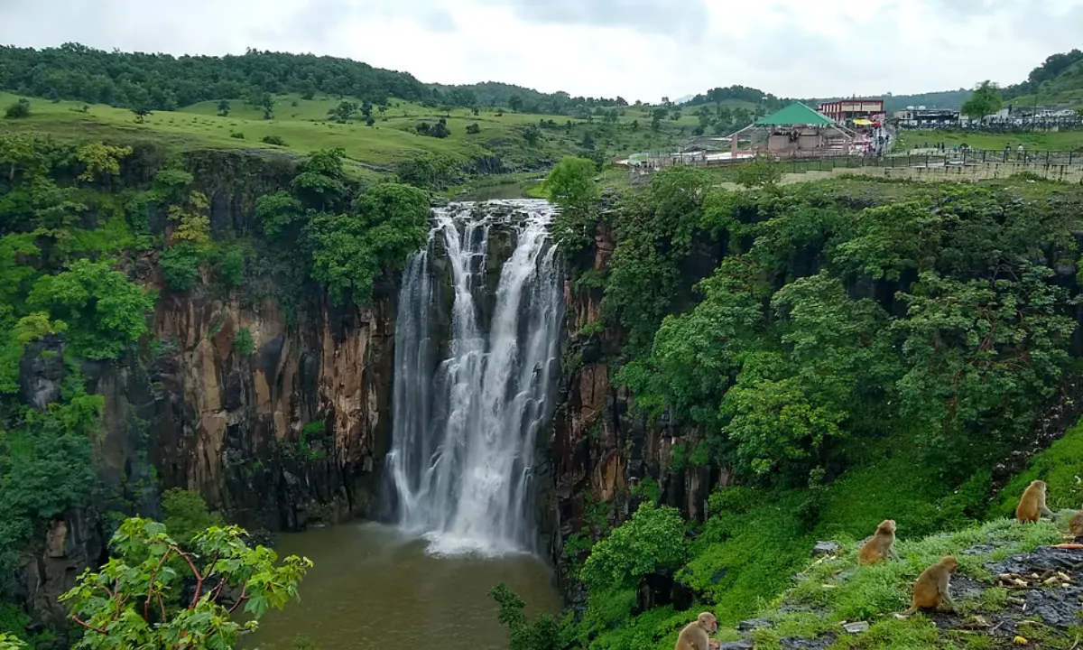Patalpani waterfall near Indore surrounded by forested hills